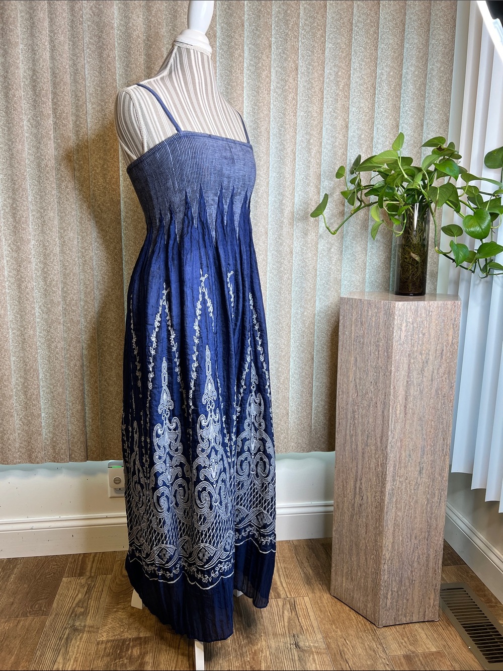 Lapis Blue and White Printed Maxi Boho strap/strapless Dress One-Size